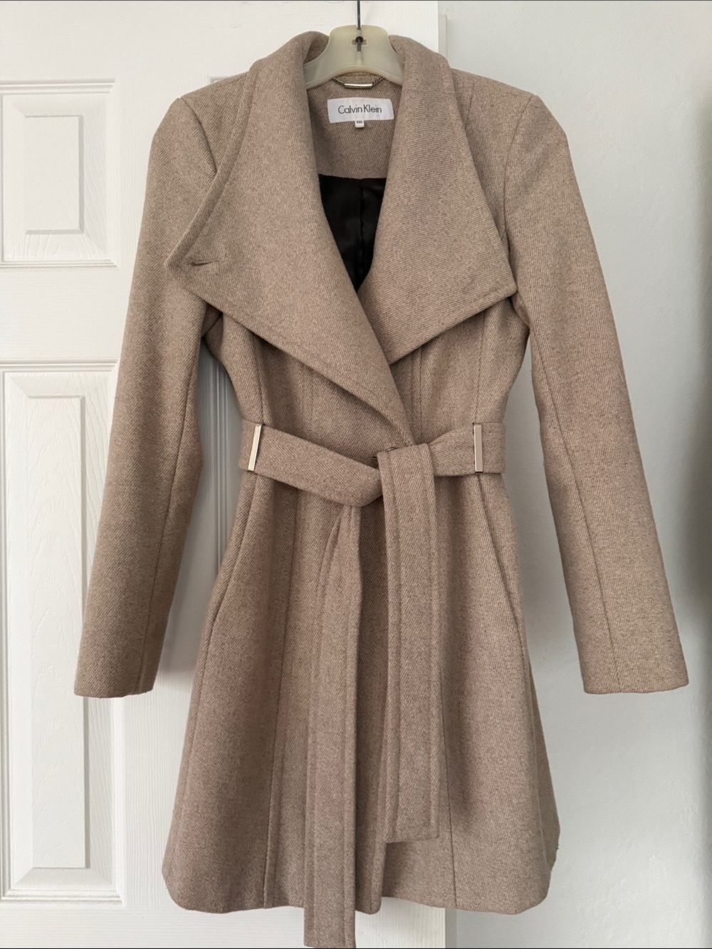 Calvin Klein Taupe Belted Wool-Blend Trench Coat